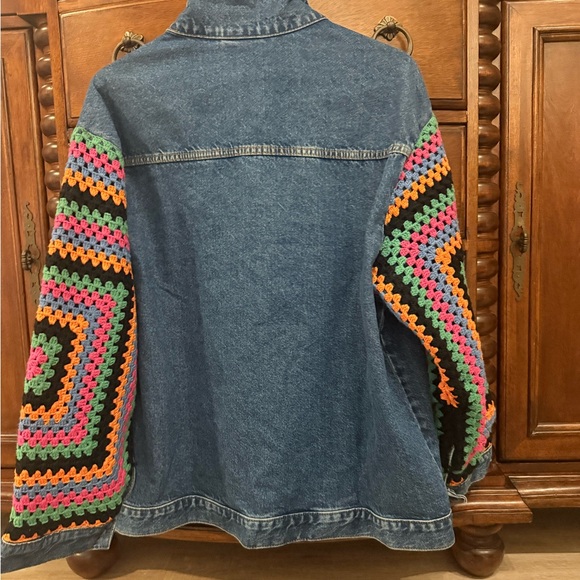 Farm Rio Denim Jacket with Colorful Crochet Sleeves - Picture 3 of 4